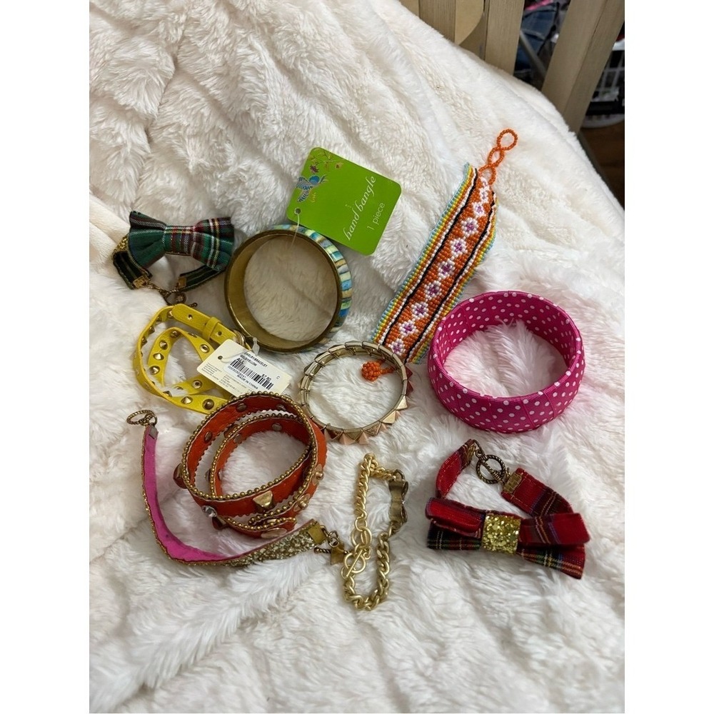 Ten Assorted Womens Bracelet Set - Pink, Orange, Yellow, Green, Gold, Plaid